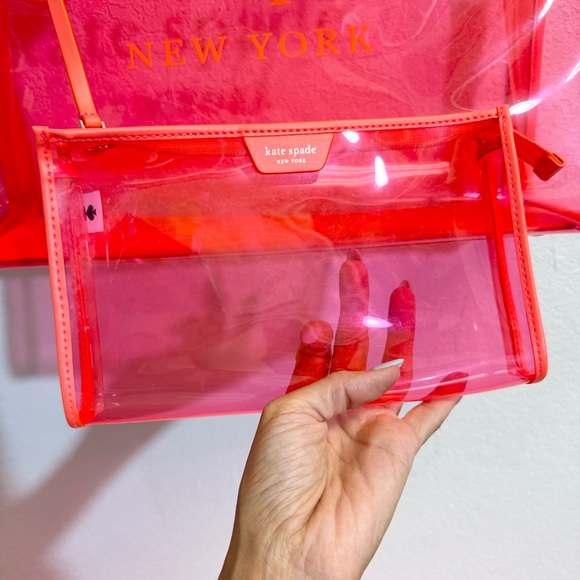 NWT-Kate Spade Neon Clear Tote and Pouch & Wristlet Pool Set of 3 Beach Stadium - Picture 4 of 16